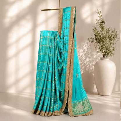 Turquoise Blue with Golden Border Unfinished Saree