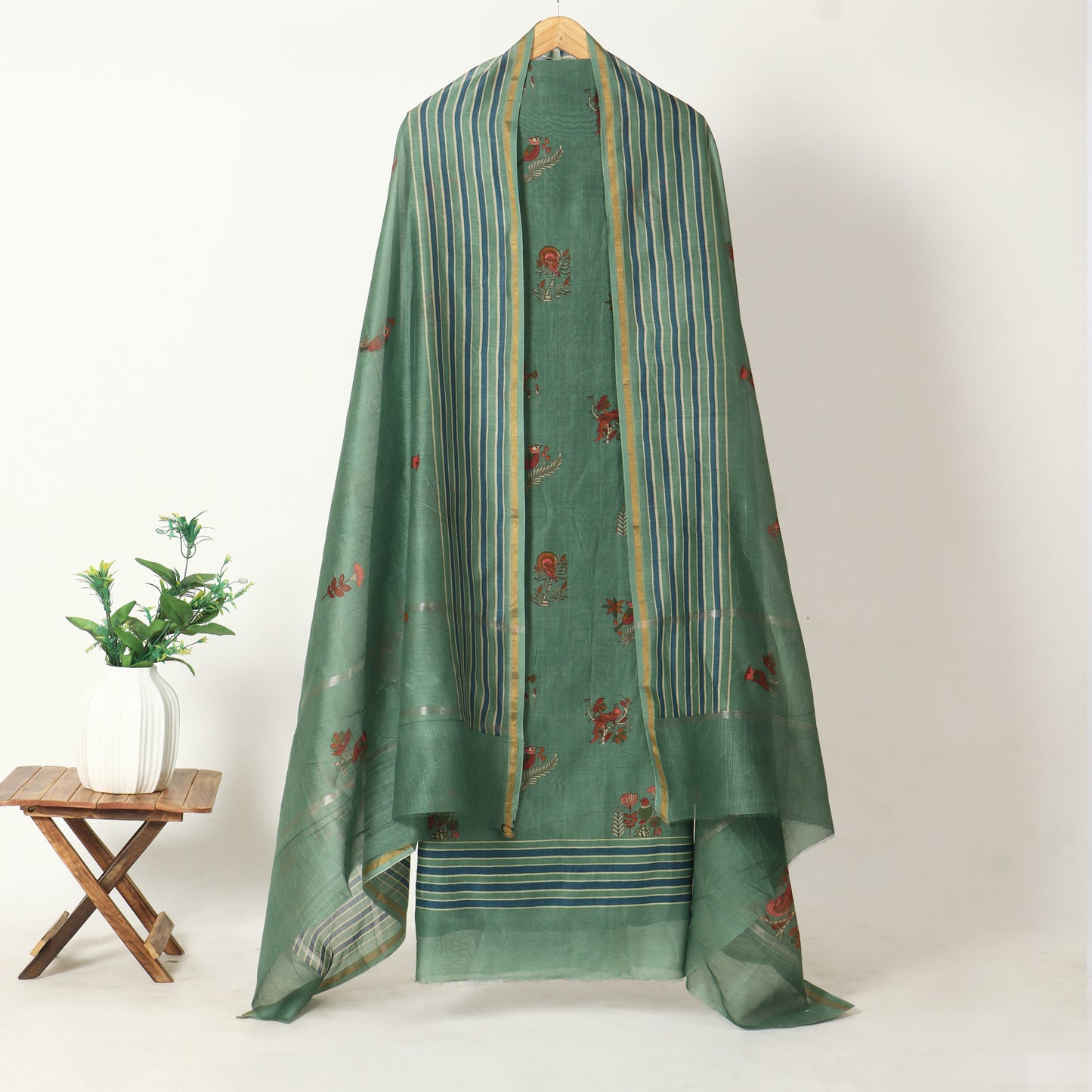 Sage Green Floral Chanderi Unstitched Suit Set