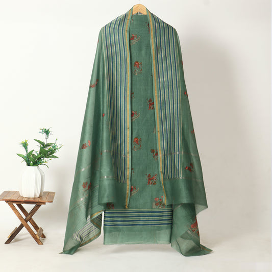 Sage Green Floral Chanderi Unstitched Suit Set