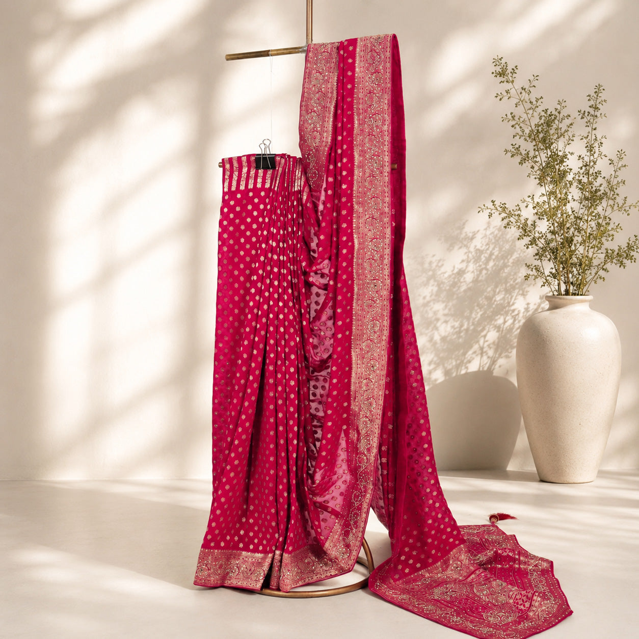 Rani Pink with Golden Border Unfinished Saree