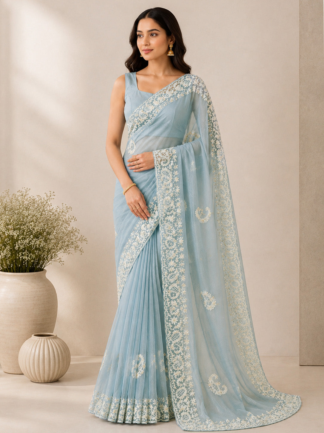 Pastel Ice Blue Saree