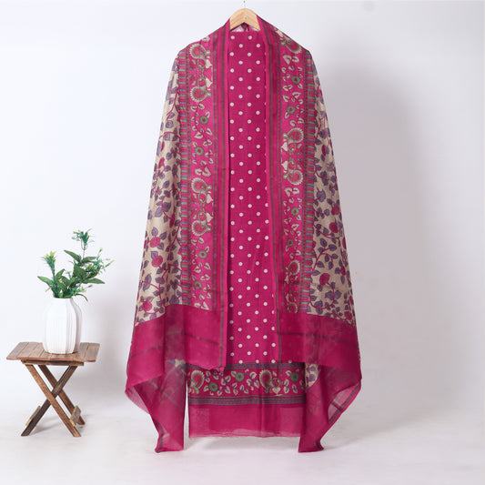 Pink Floral Chanderi Unstitched Suit Set