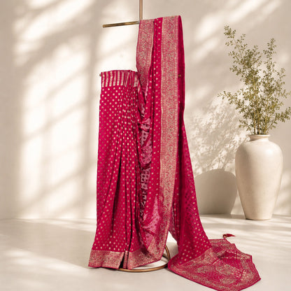 Rani Pink with Golden Border Unfinished Saree
