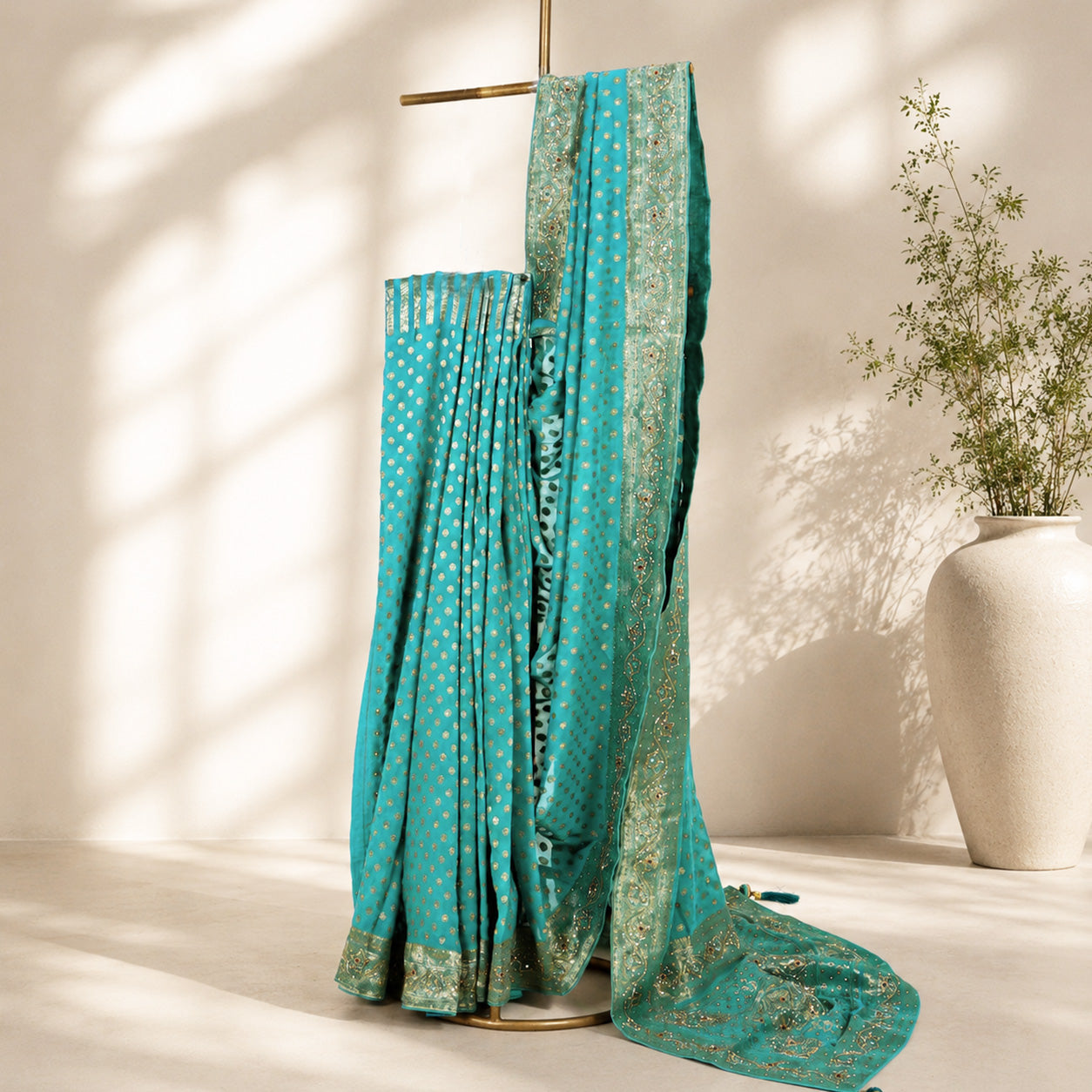 Turquoise Blue Unfinished Saree