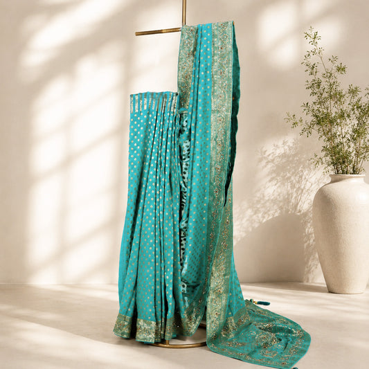 Turquoise Blue Unfinished Saree