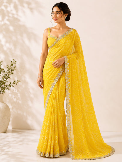 Yellow Unfinished Saree for Women