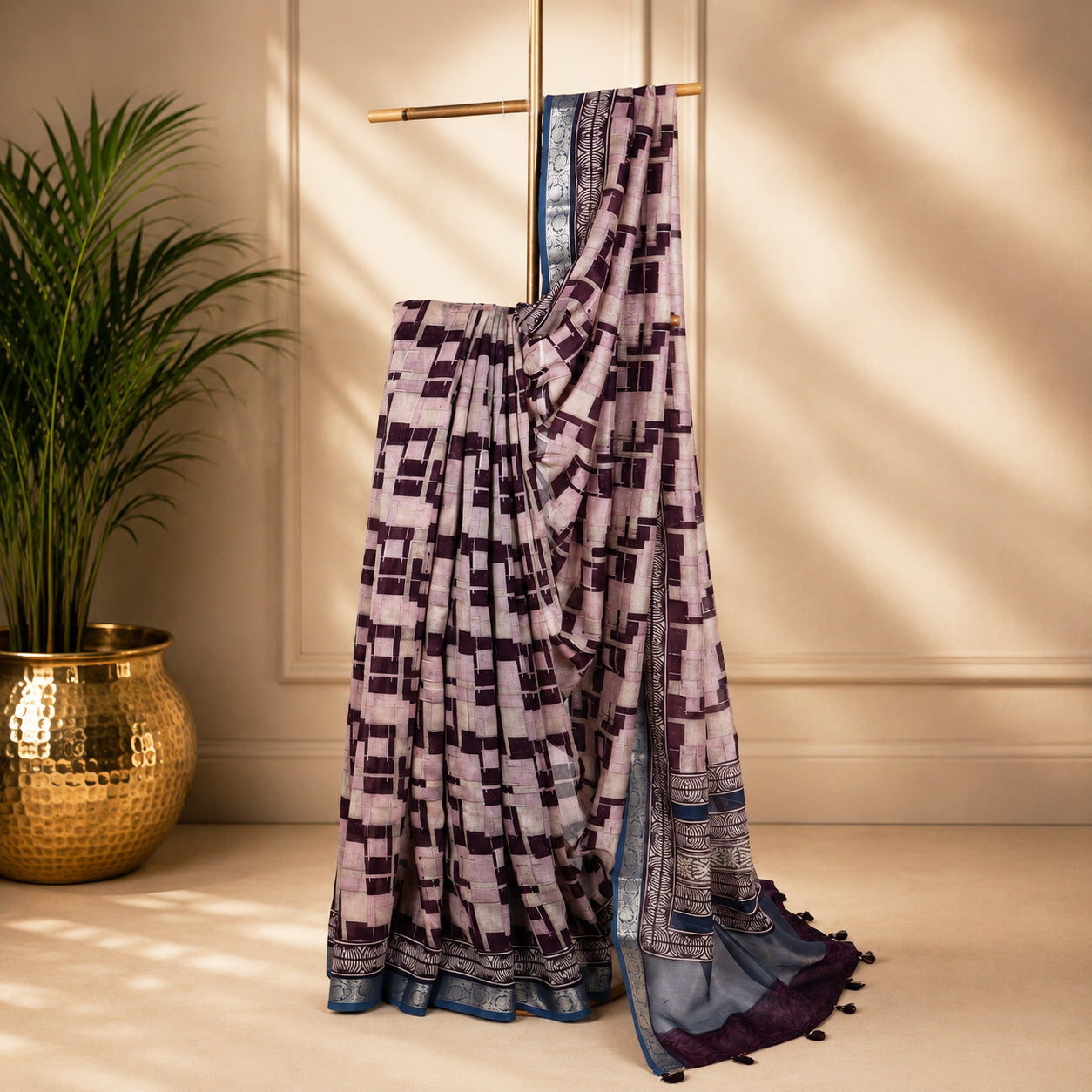 Unfinished Purple & Blue Printed Saree with Designer Border