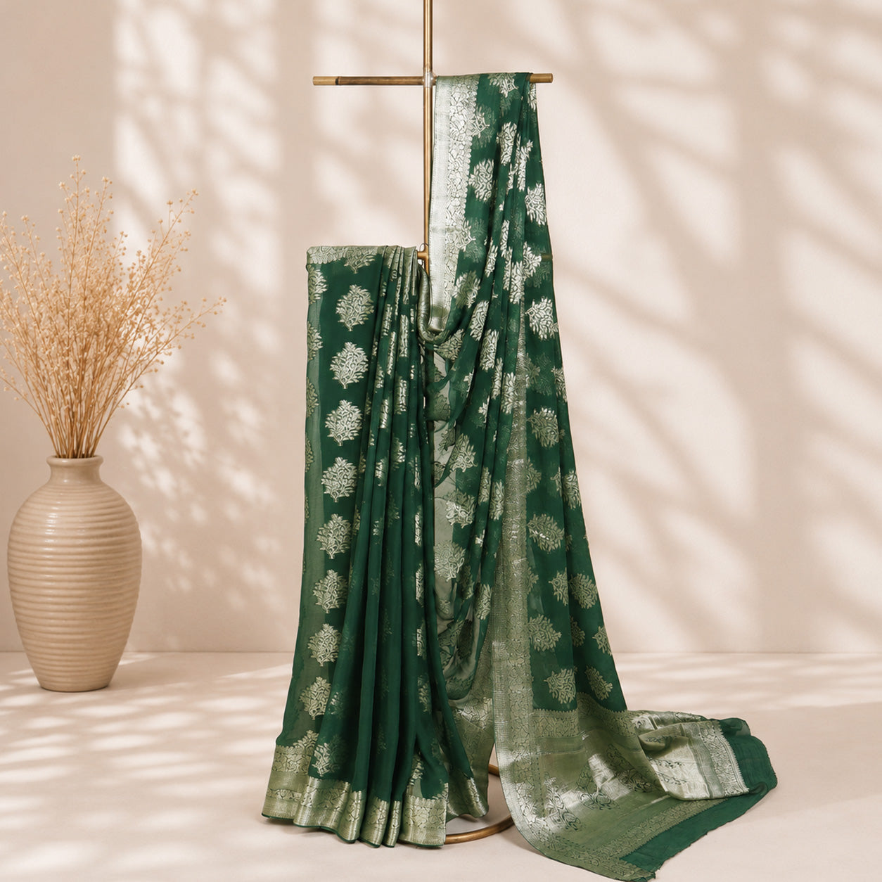Green Georgette Boota Unfinished Saree