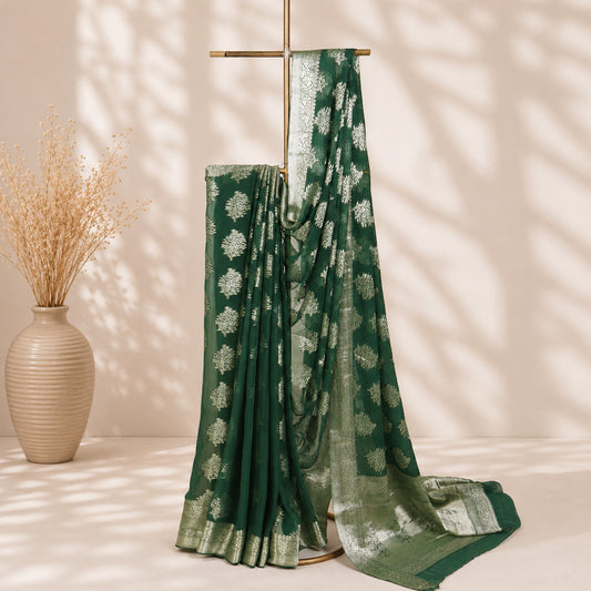 Green Georgette Boota Unfinished Saree