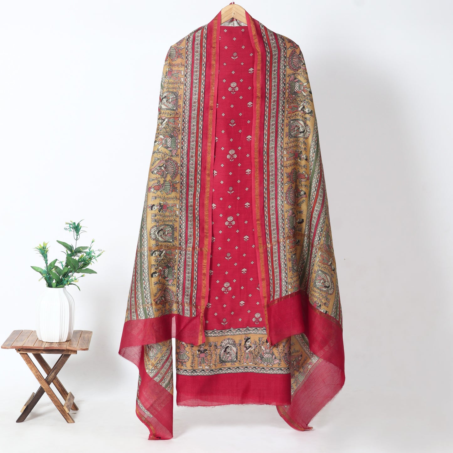 Red Heritage Print Chanderi Unstitched Suit Set