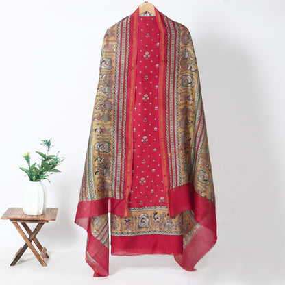 Red Heritage Print Chanderi Unstitched Suit Set