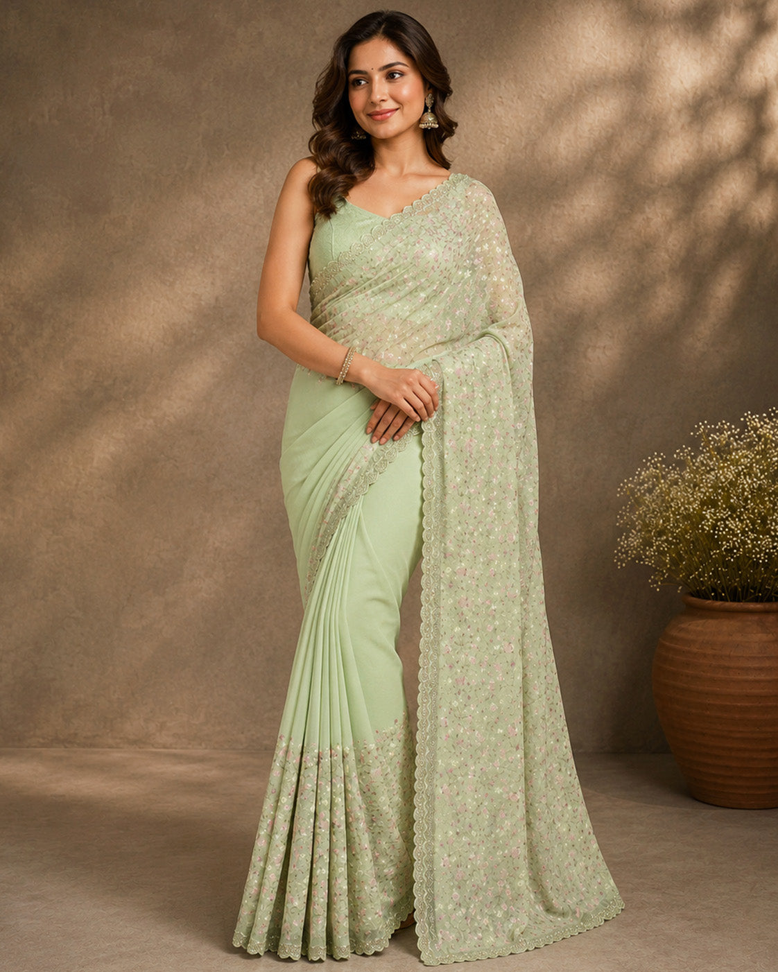 Mint Green Ethnic Unfinished Saree