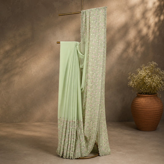 Mint Green Ethnic Unfinished Saree