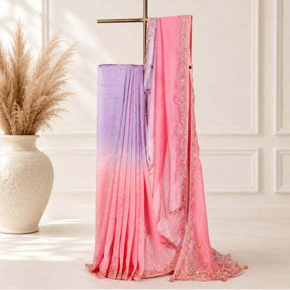 Dual-Tone Pink & Purple Unfinished Saree for Women