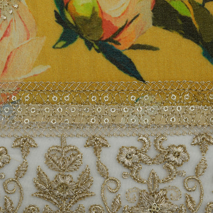 Yellow Color Tissue Border Embroidery Fabric