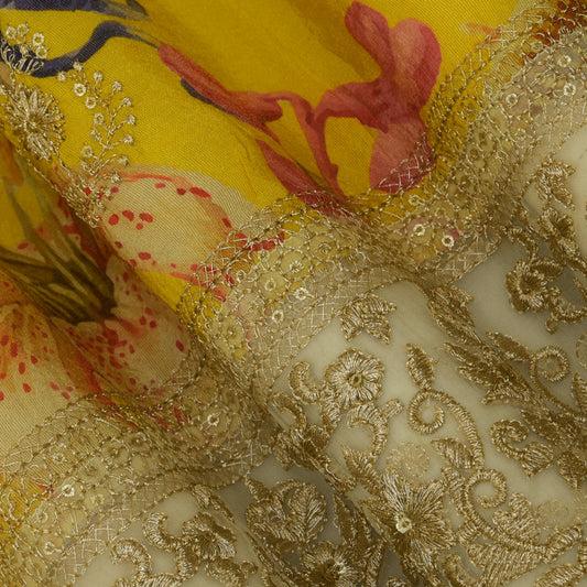 Yellow Color Tissue Border Embroidery Fabric