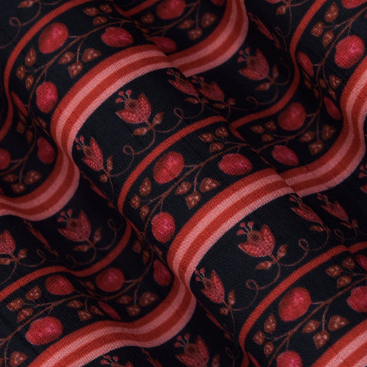 Black Color Slub Silk Print Fabric