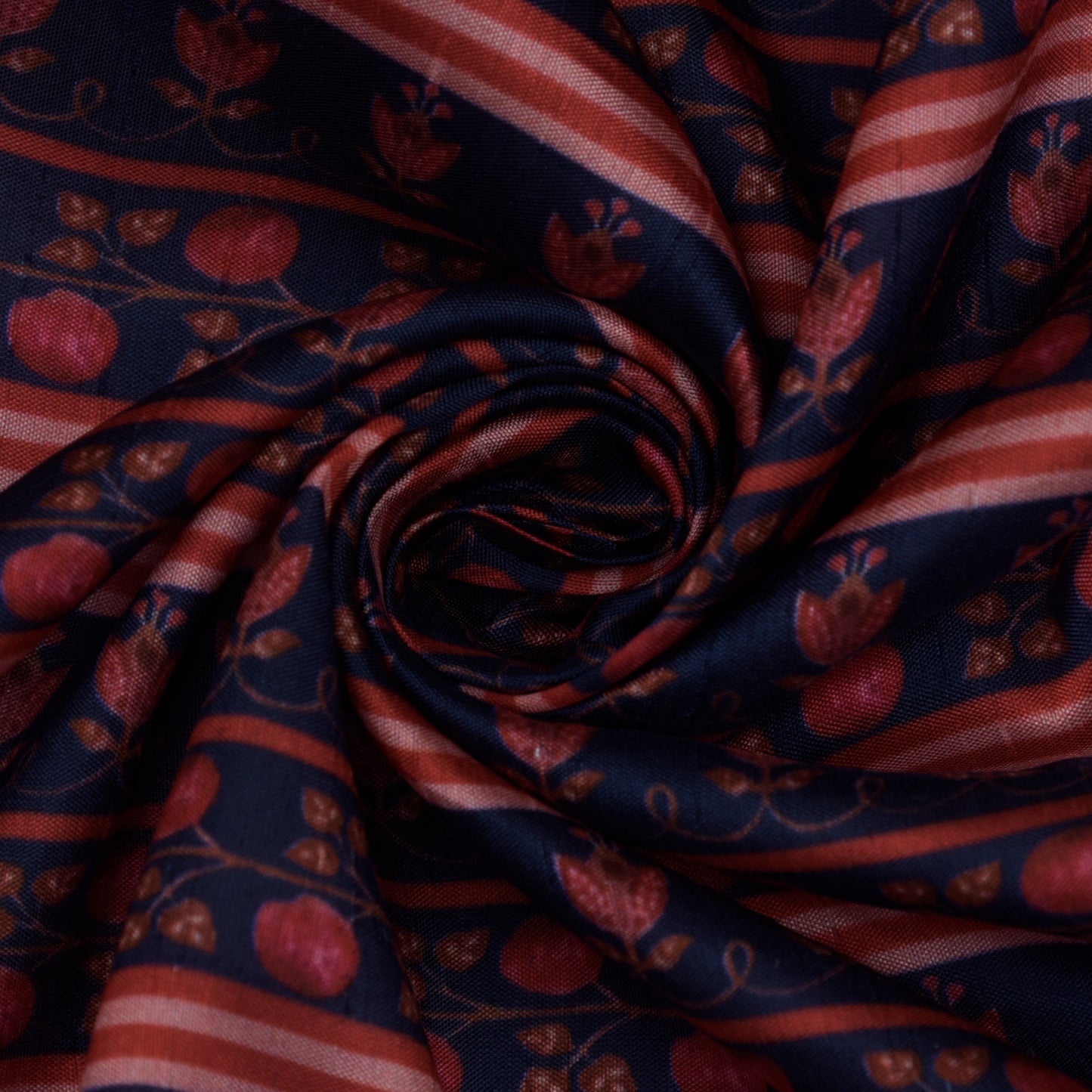 Navy Blue Color Slub Silk Print Fabric