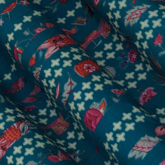 Teal Blue Color Slub Silk Print Fabric