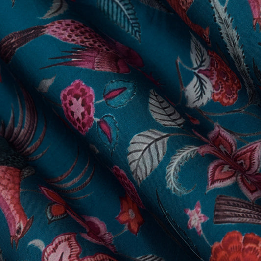 Teal Blue Color Slub Silk Print Fabric