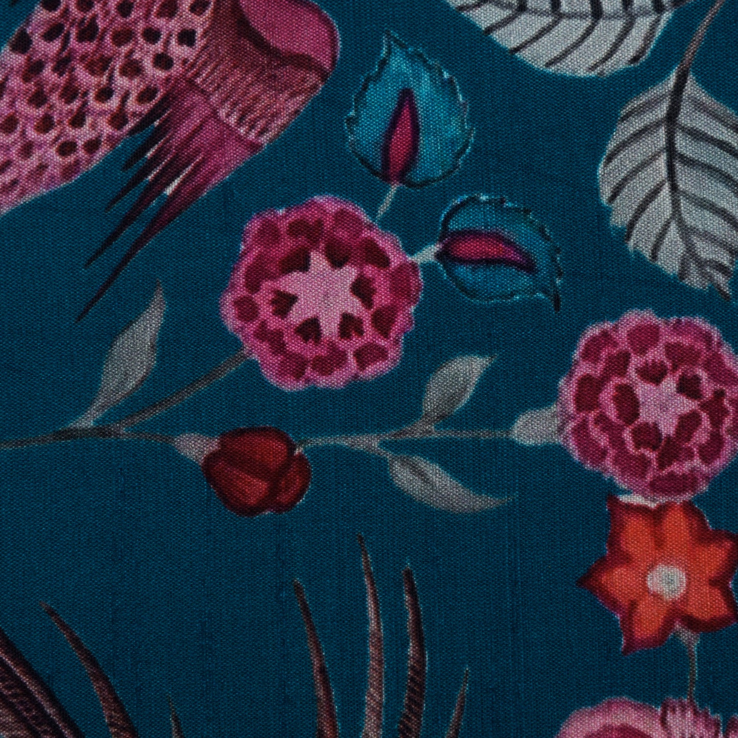 Teal Blue Color Slub Silk Print Fabric