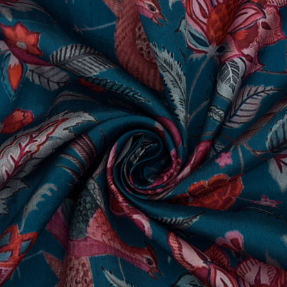 Teal Blue Color Slub Silk Print Fabric