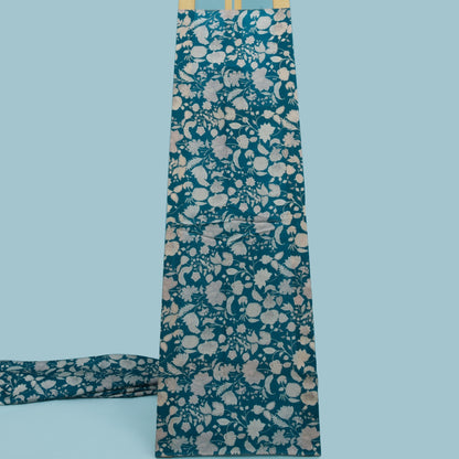 Teal Blue Color Slub Silk Print Fabric