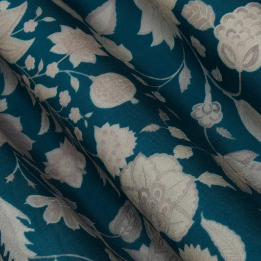 Teal Blue Color Slub Silk Print Fabric