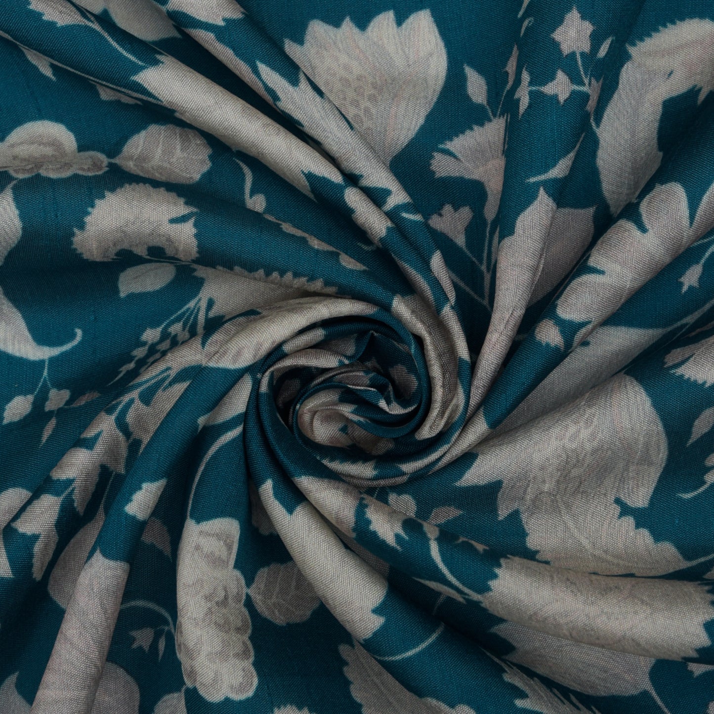 Teal Blue Color Slub Silk Print Fabric