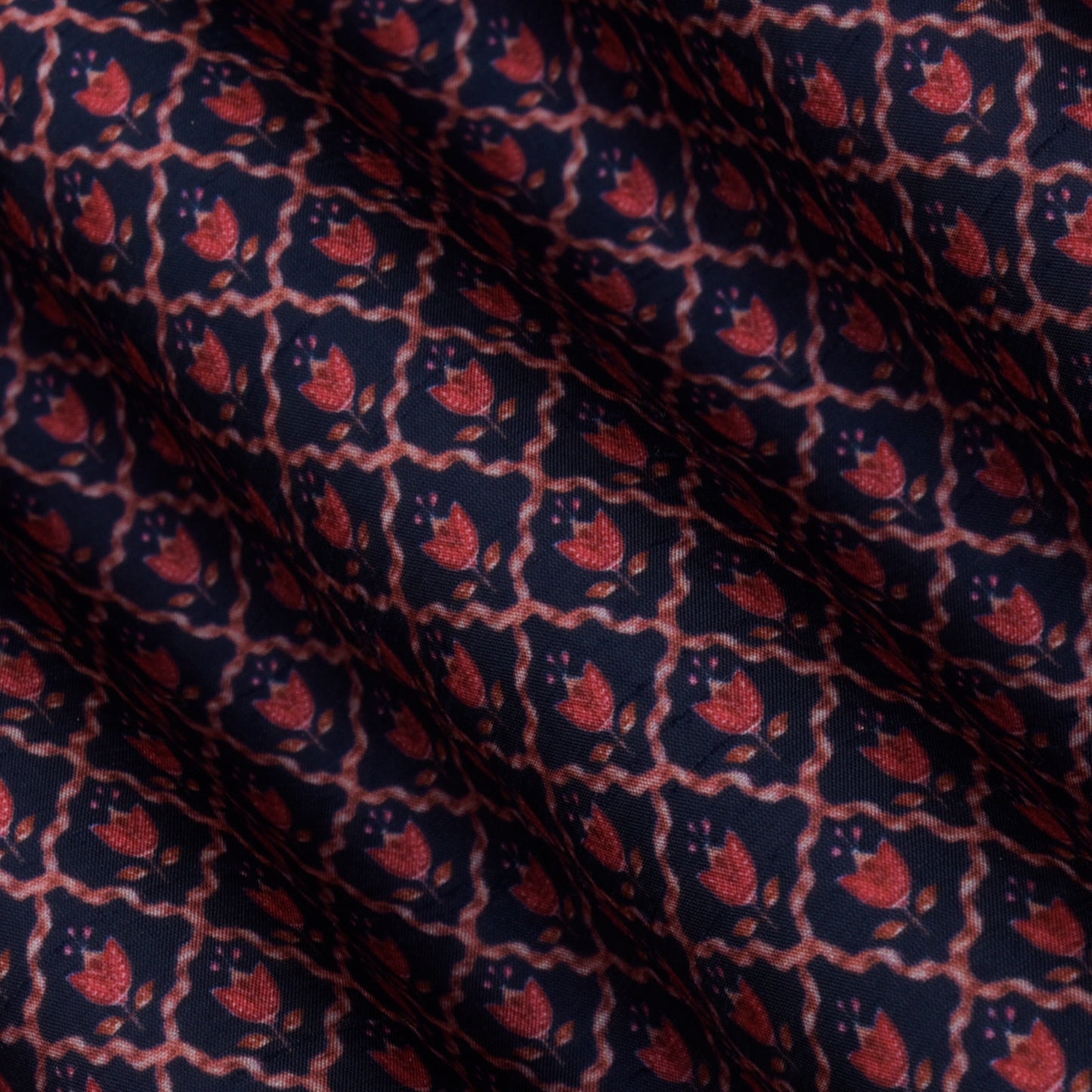 Navy Blue Color Slub Silk Print Fabric