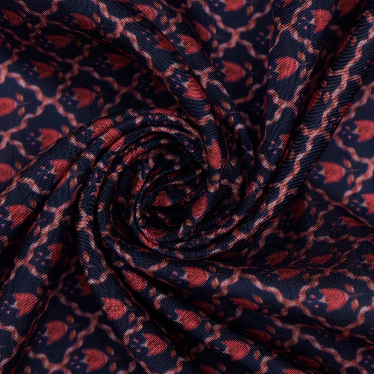 Navy Blue Color Slub Silk Print Fabric