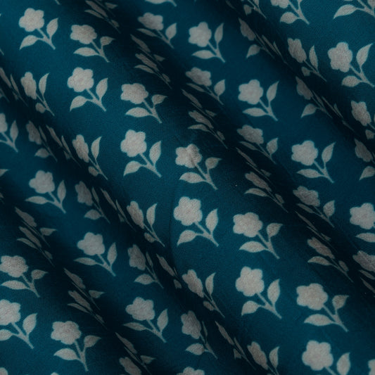 Teal Blue Color Slub Silk Print Fabric