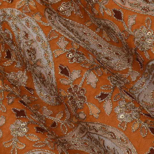 Orange Color Chinon Position Print Embroidery Fabric