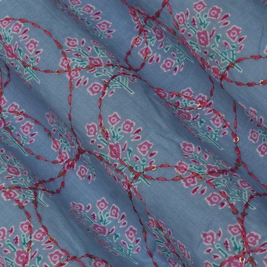 Multi Color Kora Cotton Embroidery Fabric