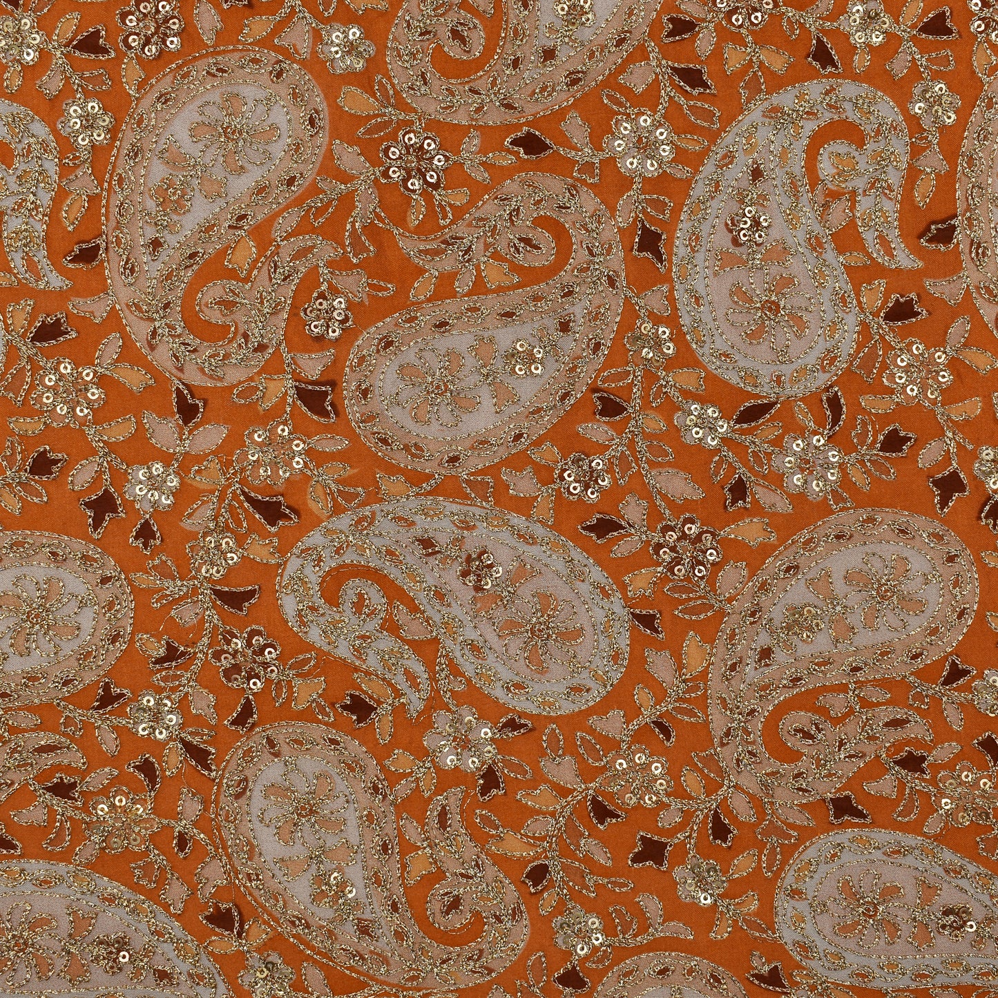 Orange Color Chinon Position Print Embroidery Fabric