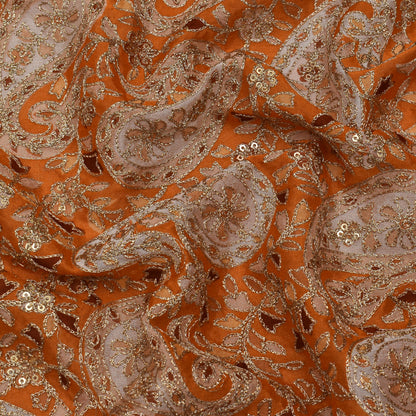 Orange Color Chinon Position Print Embroidery Fabric