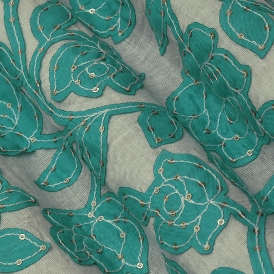Rama Green Color Cotton Sequence Embroidery Fabric