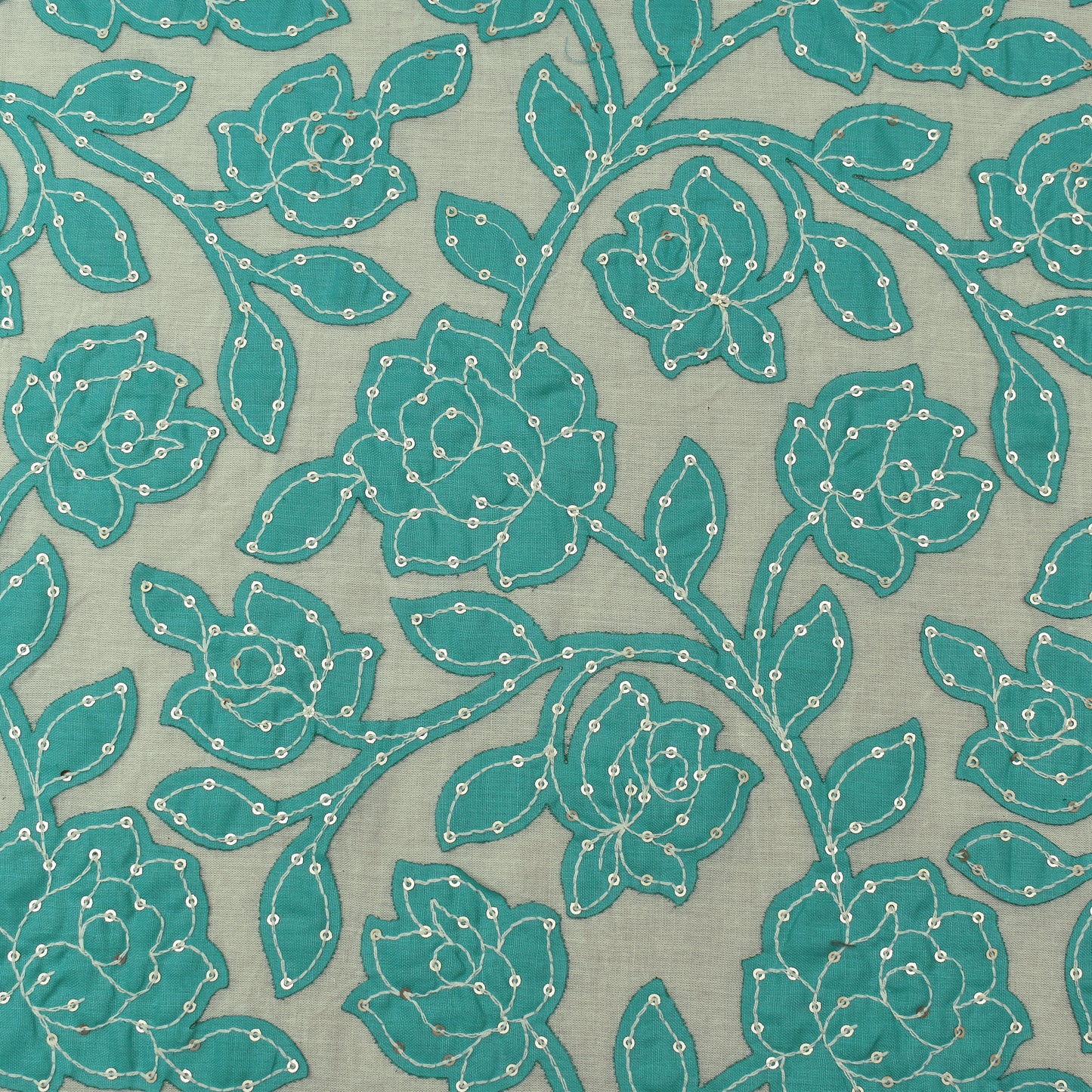 Rama Green Color Cotton Sequence Embroidery Fabric