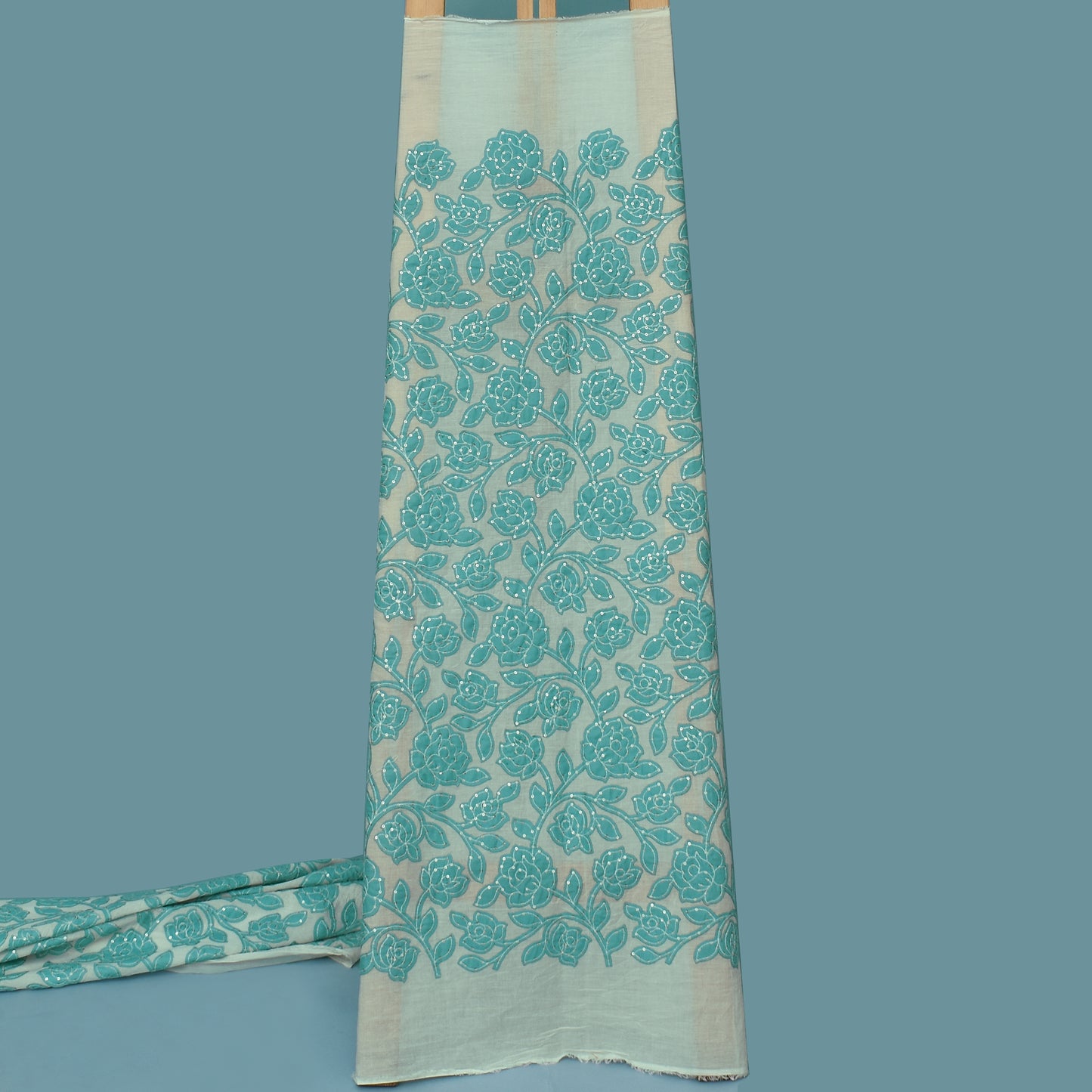 Rama Green Color Cotton Sequence Embroidery Fabric