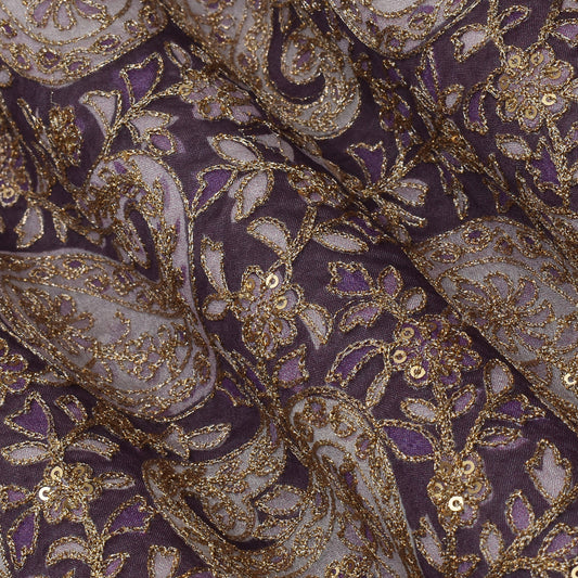 Purple Color Chinon Position Print Embroidery Fabric