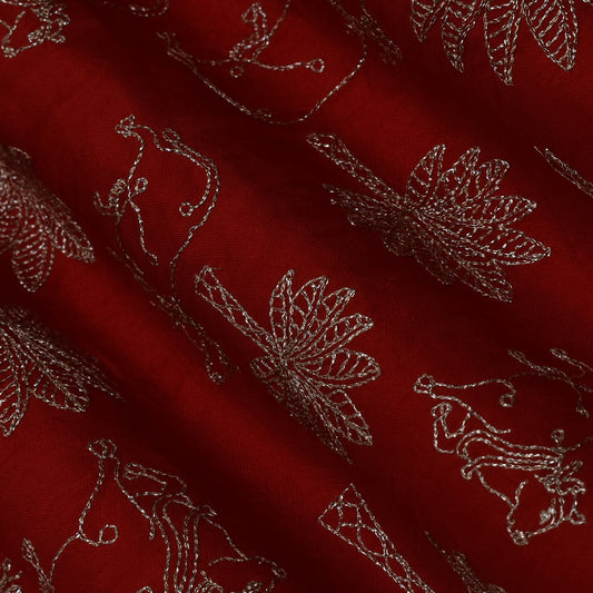 Blood Red Color Dola Silk Embroidery Fabric