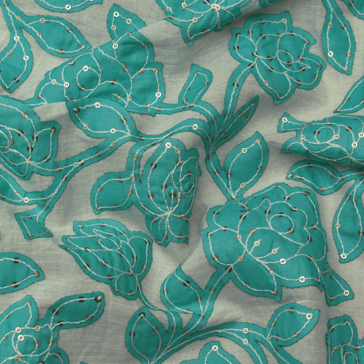 Rama Green Color Cotton Sequence Embroidery Fabric