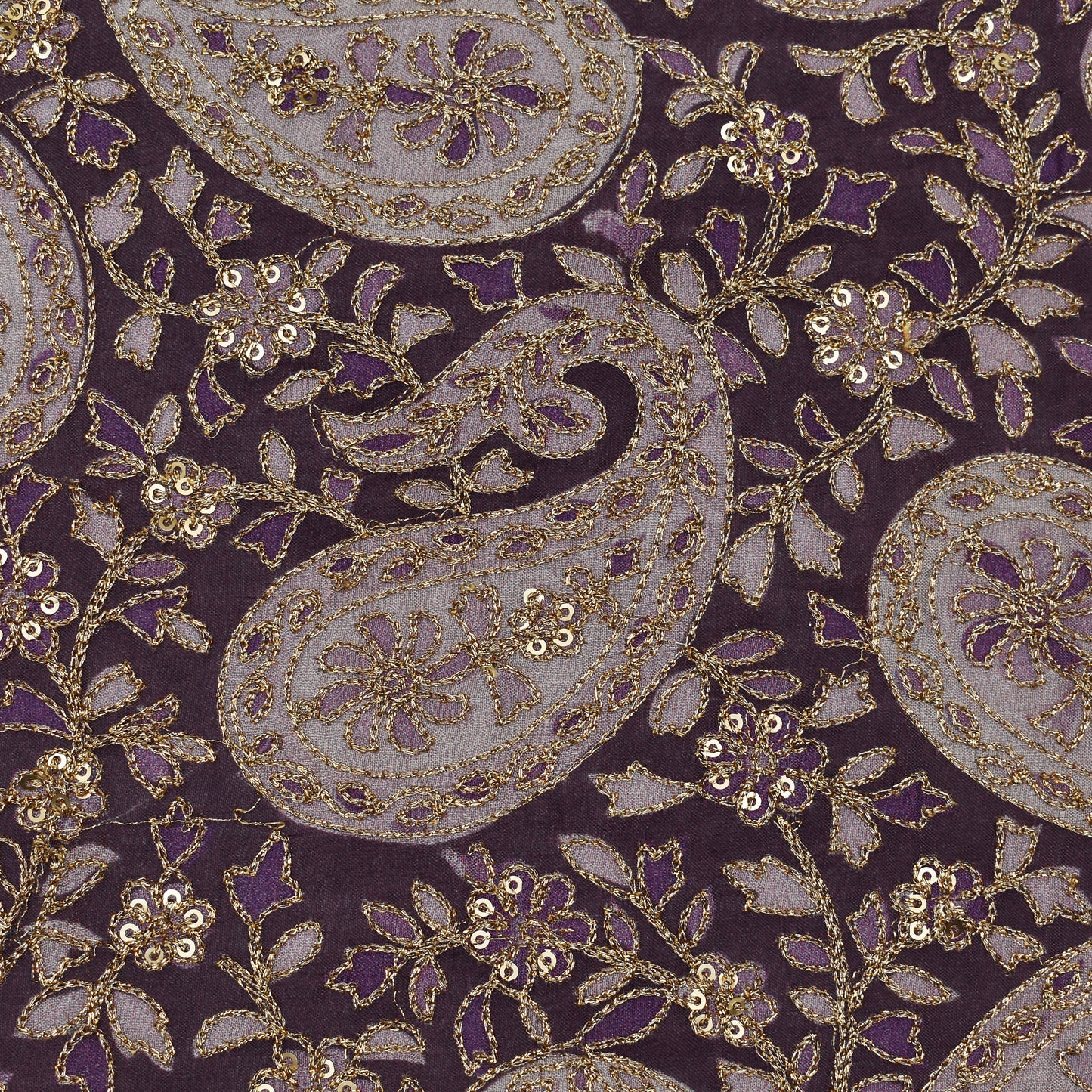 Purple Color Chinon Position Print Embroidery Fabric