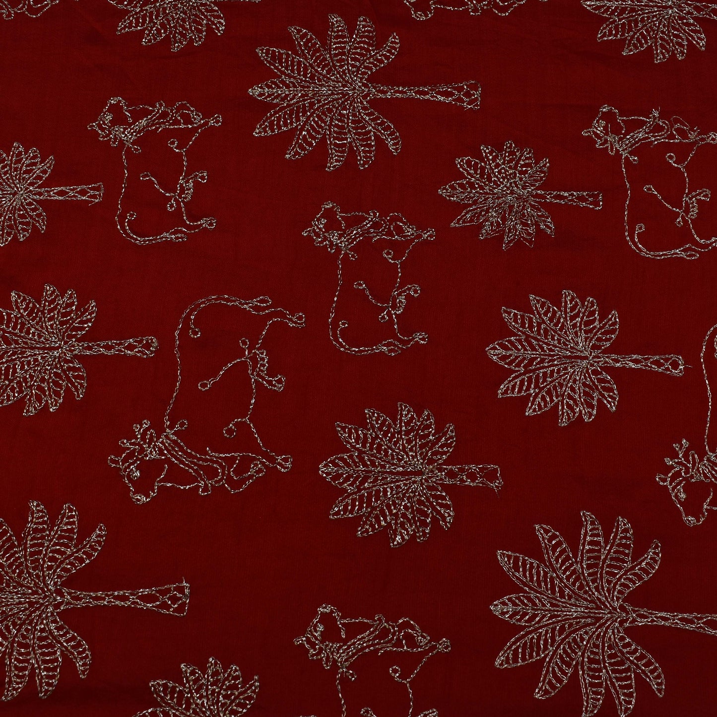 Blood Red Color Dola Silk Embroidery Fabric