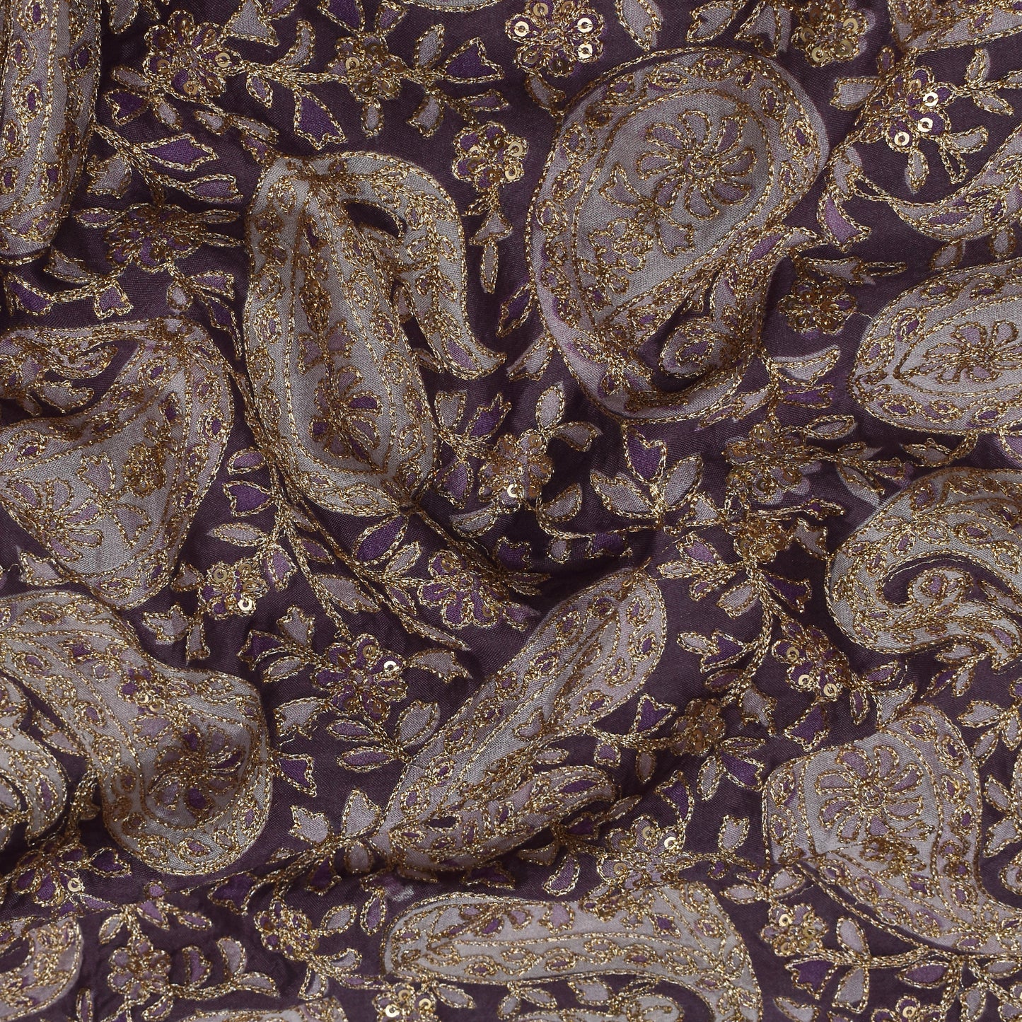 Purple Color Chinon Position Print Embroidery Fabric