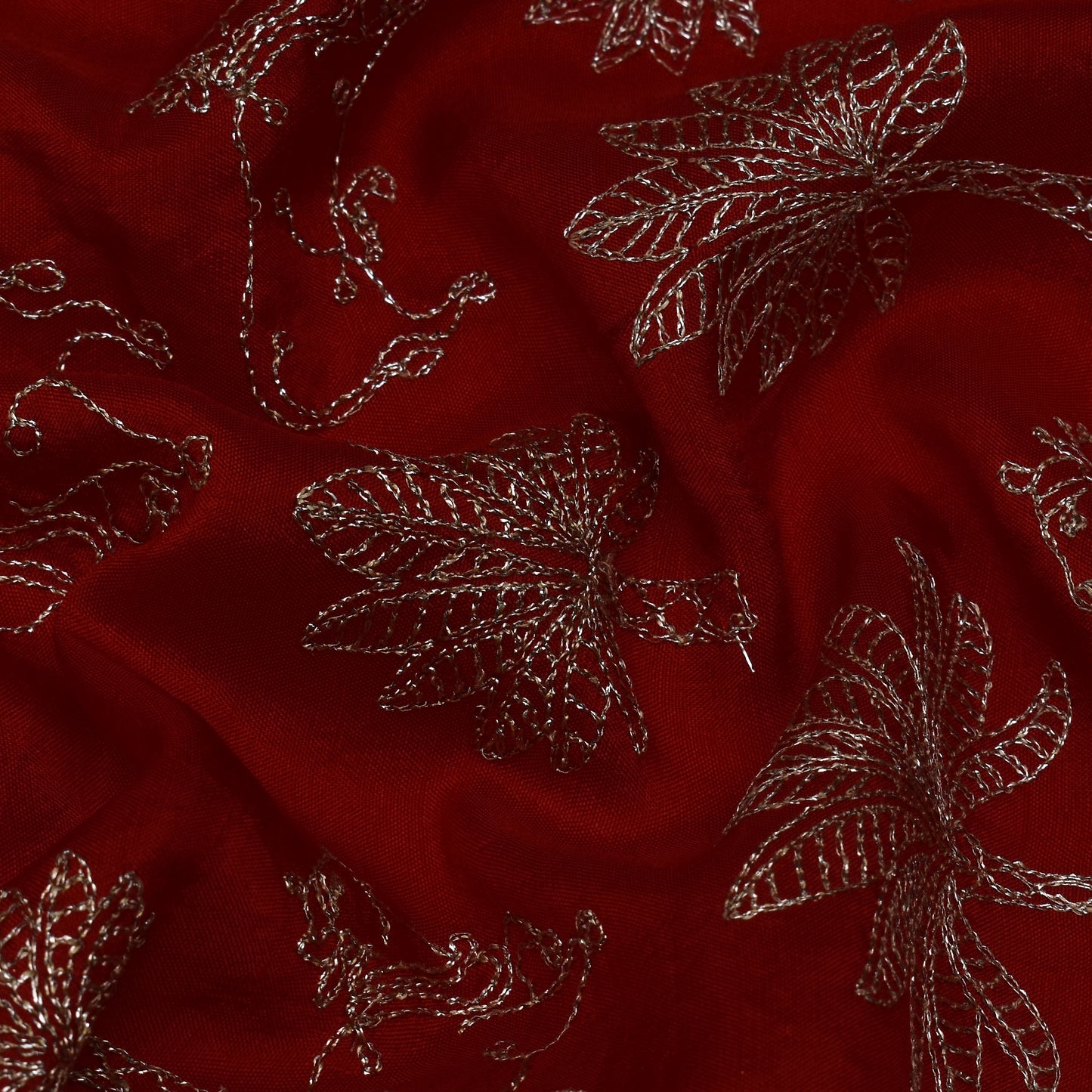 Blood Red Color Dola Silk Embroidery Fabric