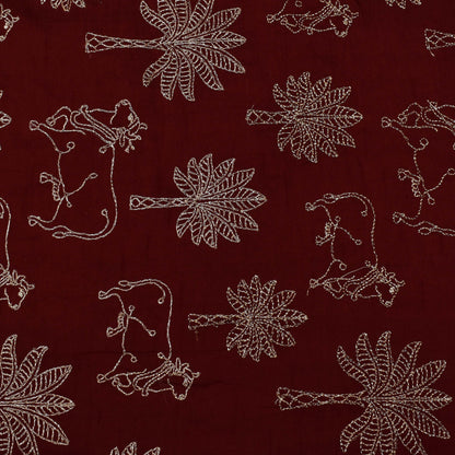 Maroon Color Dola Silk Embroidery Fabric