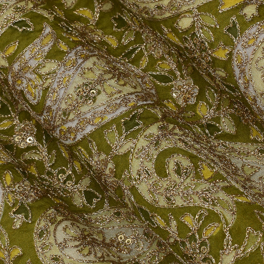 Mehndi Green Color Chinon Position Print Embroidery Fabric