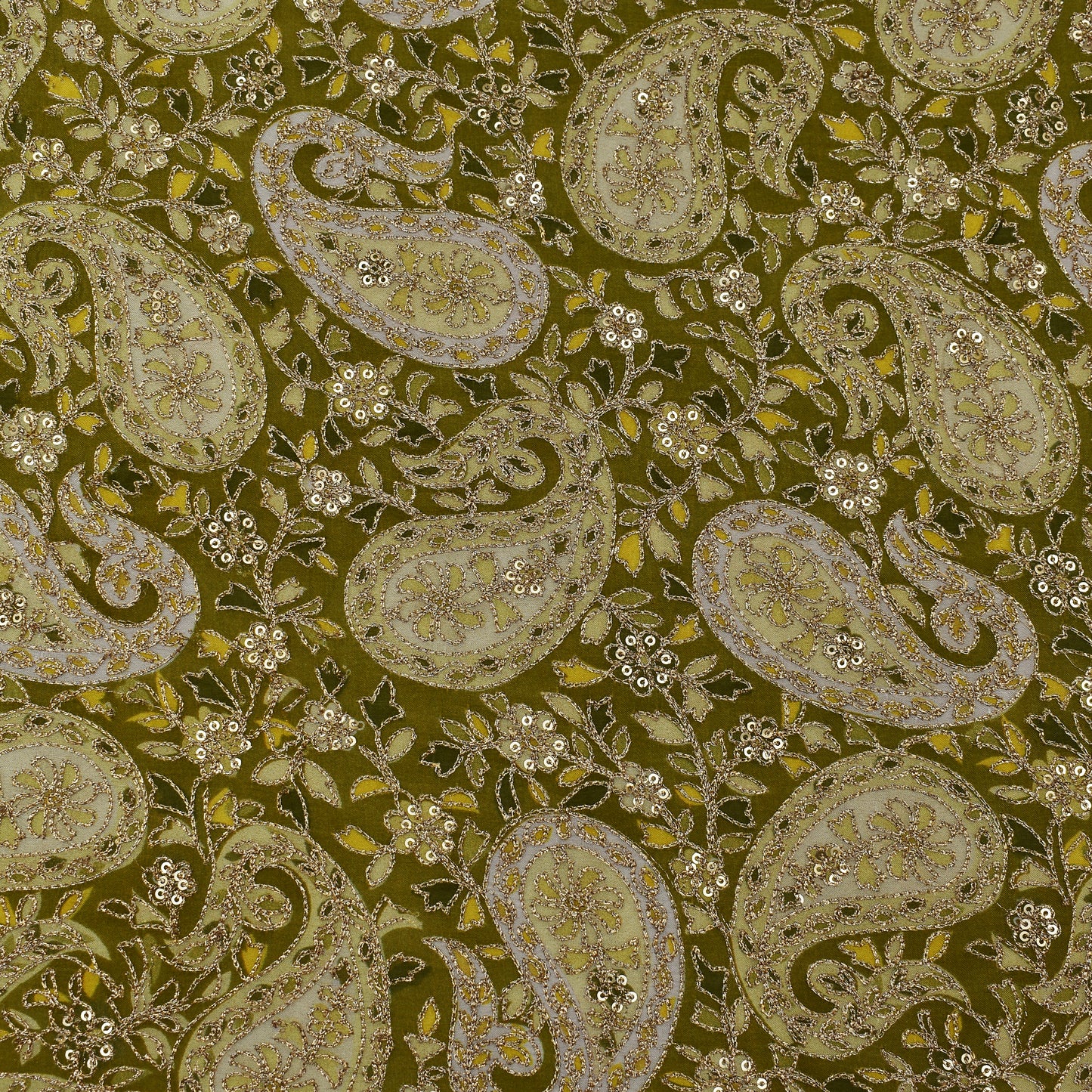 Mehndi Green Color Chinon Position Print Embroidery Fabric