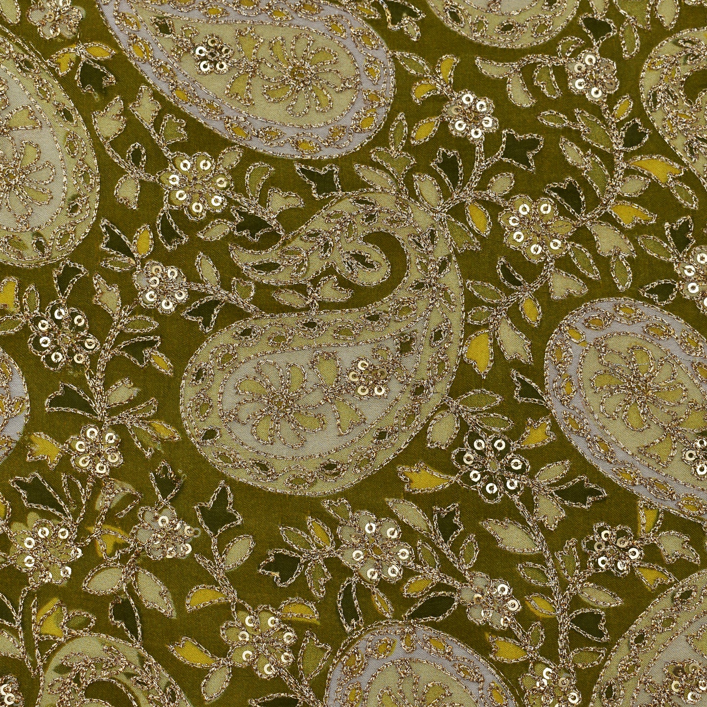 Mehndi Green Color Chinon Position Print Embroidery Fabric